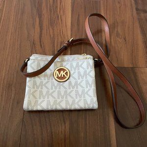 Michael Kors Fulton Logo Crossbody Bag Side Purse Leather White/Brown